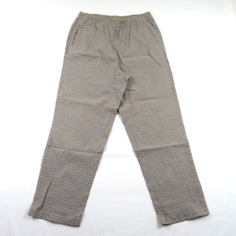 Check Plaid Elastic Waist Pants Measure 30x29 Blue White Beige Red Vintage